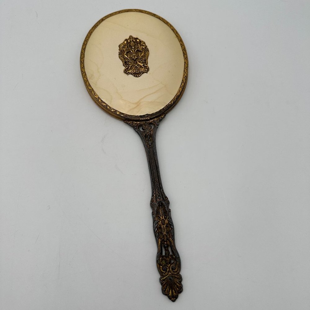 Brass Tone Vintage Hand-Held Beveled Edge Oval Vanity Mirror